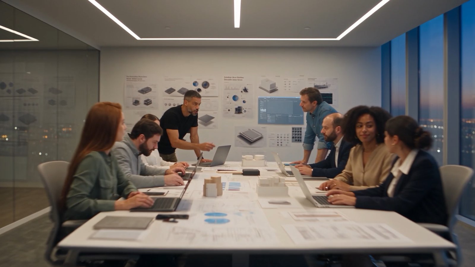A multidisciplinary team working around a table in a glass-walled executive room at dusk.