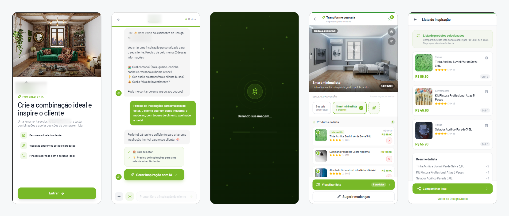 Five screens of the Arquitet.AI flow: entry, conversational briefing, generation, the generated scene with its product list, and the final list.